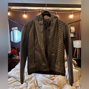 Mo-Ka Black Faux Leathet Quilted Hooded Bomber Jacket